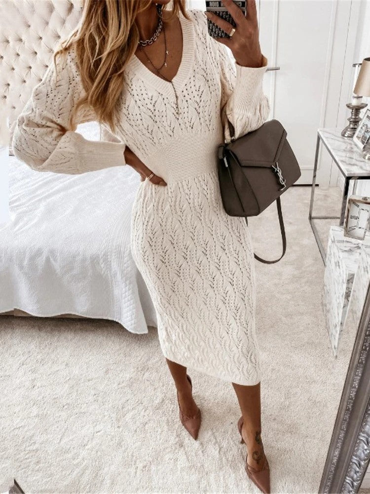 Elegant V-Neck Midi Dress – Timeless Style