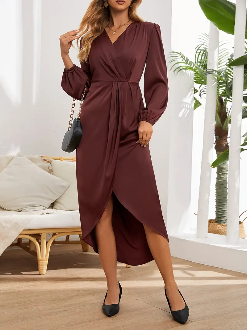 Elegant Midi Dress – V-Neck & Balloon Sleeves