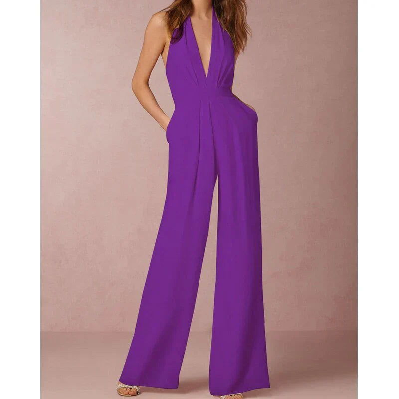 Deep V-Neck Wide-Leg Jumpsuit - Elegant & Bold