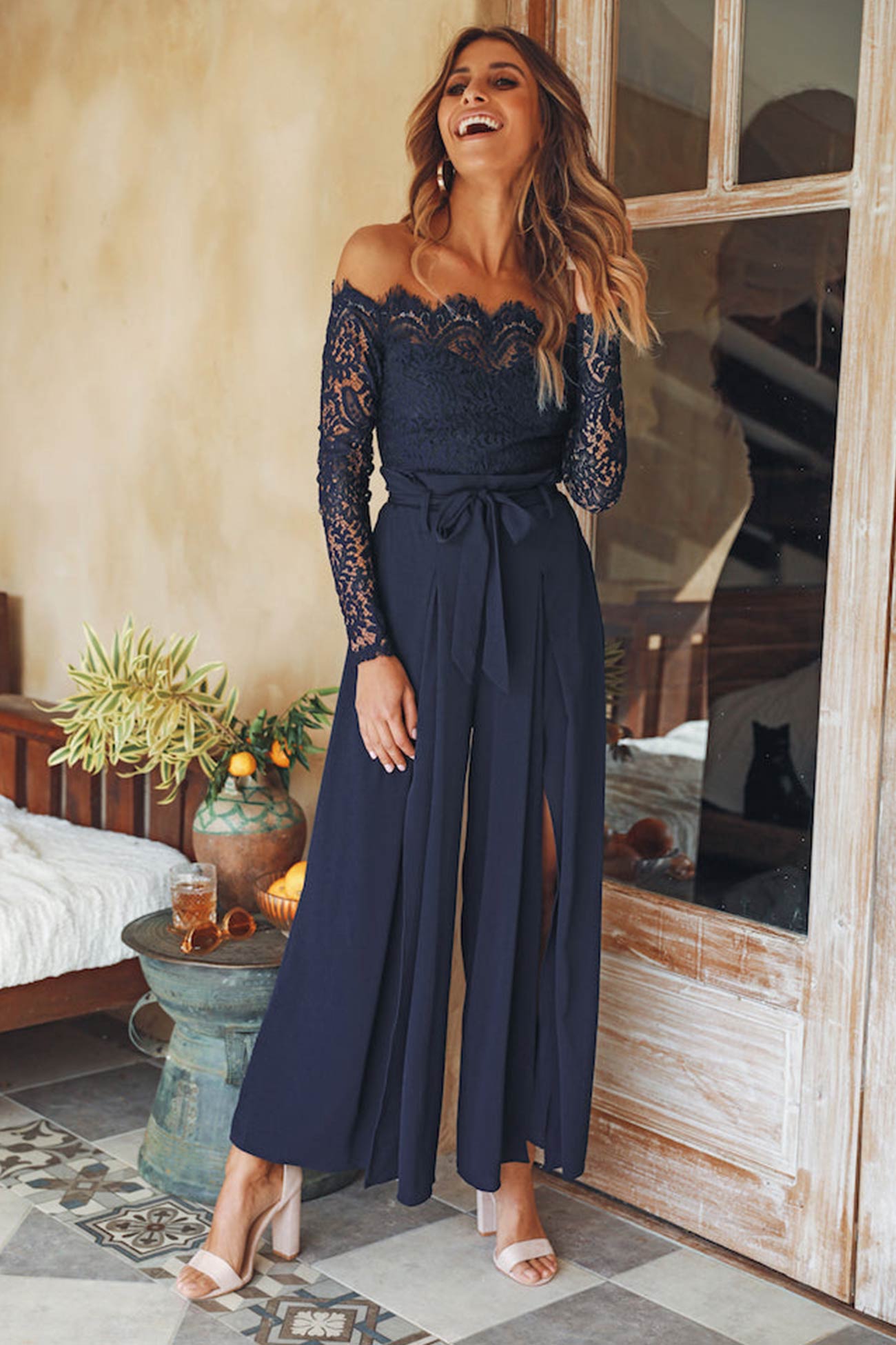 Off-Shoulder Lace Jumpsuit – Elegant & Chic