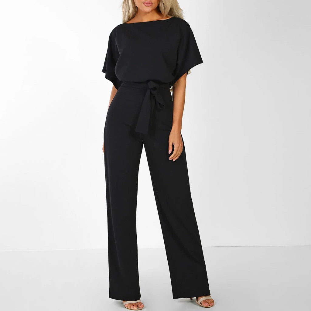 Elegant Wide-Leg Jumpsuit - Lace-Up Waist