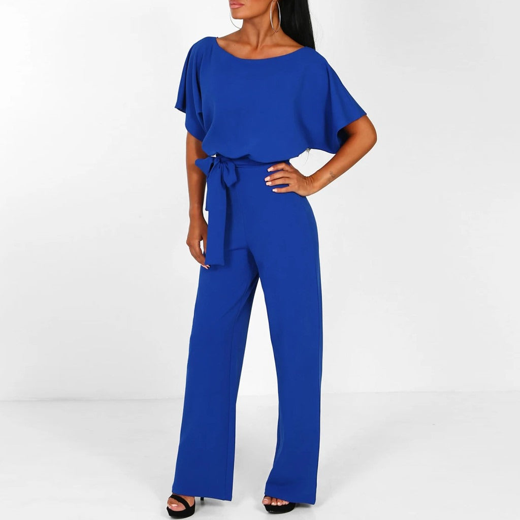 Elegant Wide-Leg Jumpsuit - Lace-Up Waist