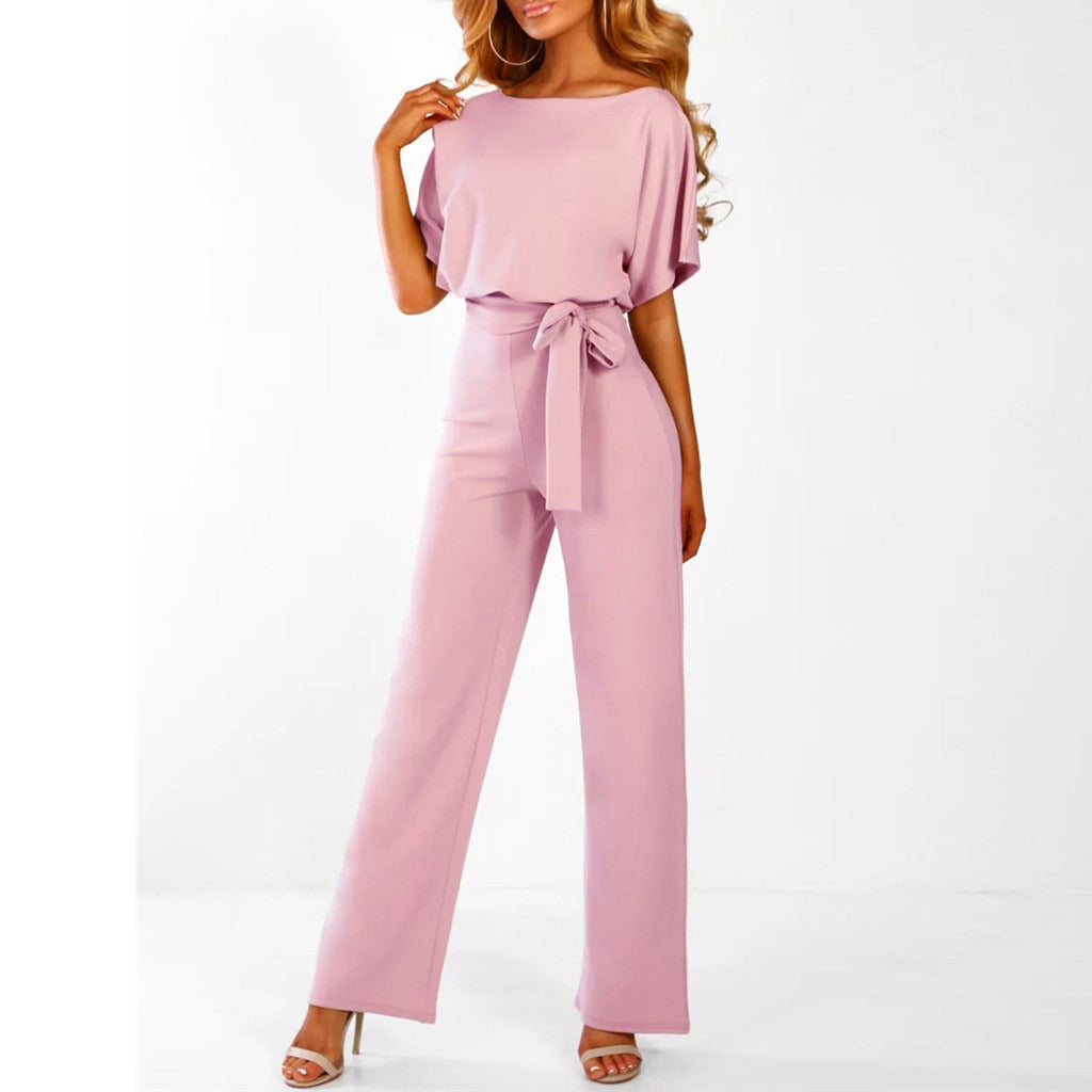 Elegant Wide-Leg Jumpsuit - Lace-Up Waist